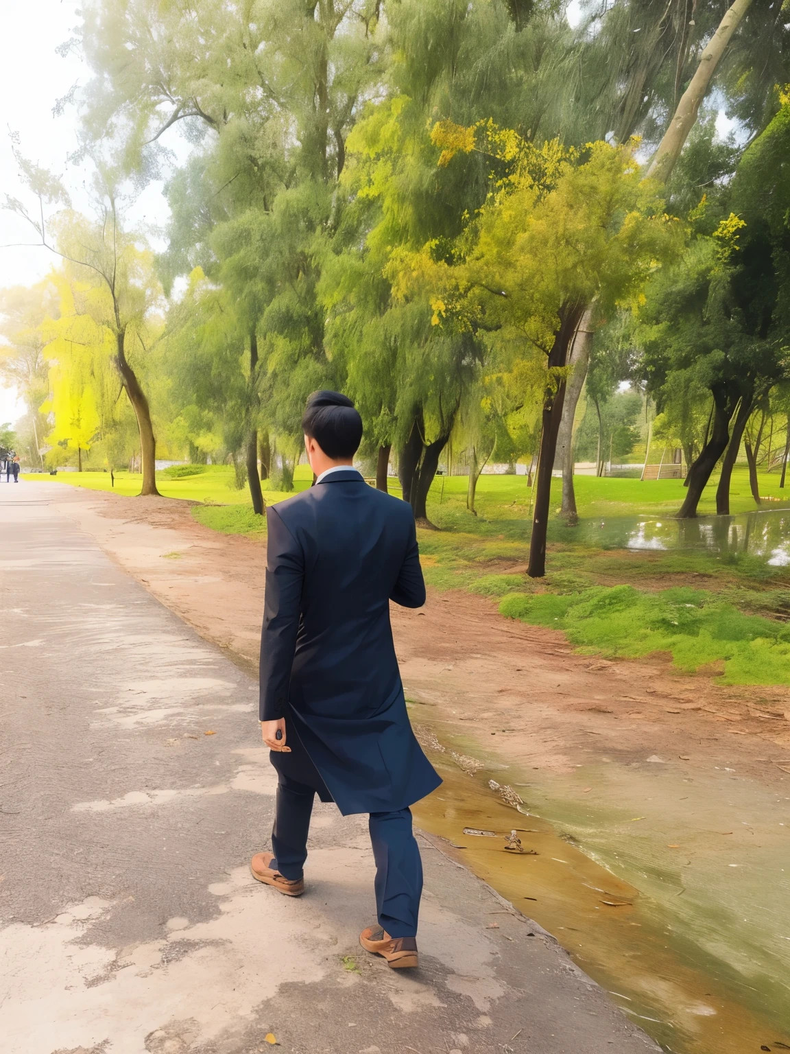 there is a man walking down the street , in a park, walking away from the camera, in a city park, walking away from camera, walking at the park, in a park and next to a lake, walking around in forest, walking at the garden, park in background, man walking, with a park in the background, trees in the background, black assasian dress
