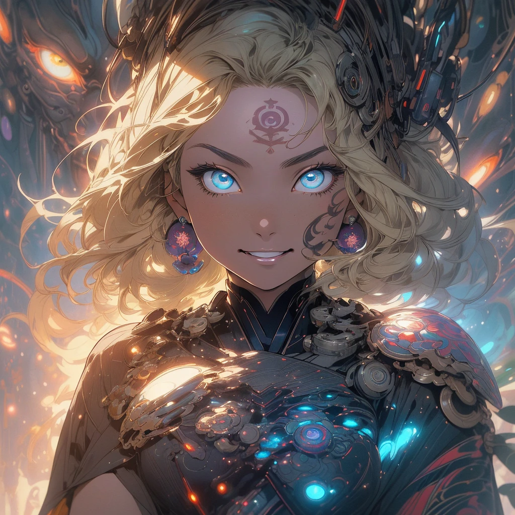 (((highest quality))),(((fine eyes))),(((32K))),(1 dark skinned girl),Fancy blonde,(tattoo),cyber punk,kimono,((luxurious and gorgeous)),shiny skin,earrings,Stylish costumes,((Super beautiful)),(perfect face),Japanese sword,ultimate texture,official art,Ukiyo-e,((stylish)),photograph,perfect body,smile,Bewitching,best image quality,super clear,genuine,fantasy,(Near the future),ninja,((perfect eyes)),big breasts,((Perfect cleavage)),highlight,挑発的なsmile,stick out tongue,Mechanical,mandala,Pouring rain,majestic,apotheosis,fractal art:(1.3),perfect lighting,Mecha,machine,cyborg,