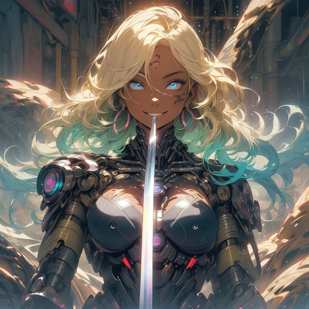 (((highest quality))),(((fine eyes))),(((32K))),(1 dark skinned girl),Fancy blonde,(tattoo),cyber punk,kimono,((luxurious and gorgeous)),shiny skin,earrings,Stylish costumes,((Super beautiful)),(perfect face),Japanese sword,ultimate texture,official art,Ukiyo-e,((stylish)),photograph,perfect body,smile,Bewitching,best image quality,super clear,genuine,fantasy,(Near the future),ninja,((perfect eyes)),big breasts,((Perfect cleavage)),highlight,挑発的なsmile,stick out tongue,Mechanical,mandala,Pouring rain,majestic,apotheosis,fractal art:(1.3),perfect lighting,Mecha,machine,cyborg,
