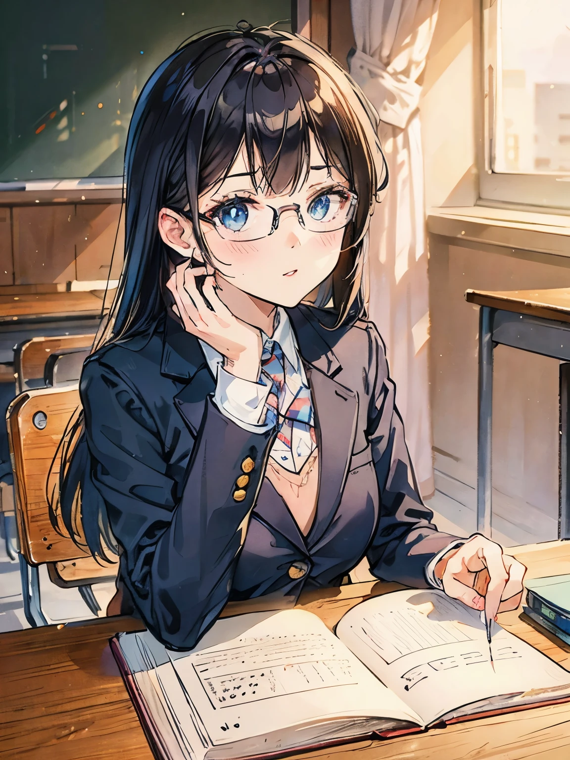 Anime girl sitting at a desk with a book and a pen - SeaArt AI