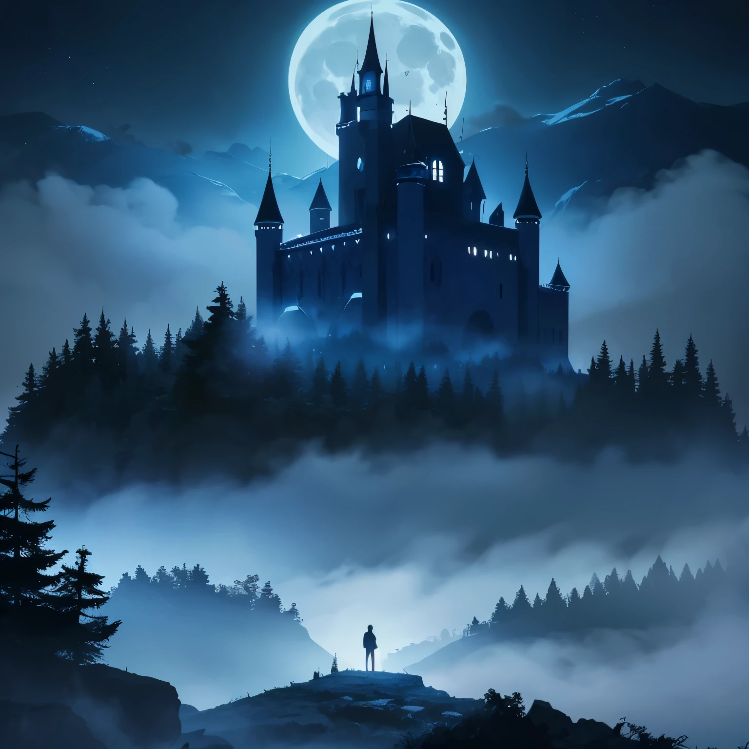 Emphasis seen from a very distant forest of flat terrain, seco e escuro, with a lot of fog, totally blue and dark scenery. Night time. A small castle seen very far away with a full moon in the sky and dark clouds. View of the entire scene very far away.