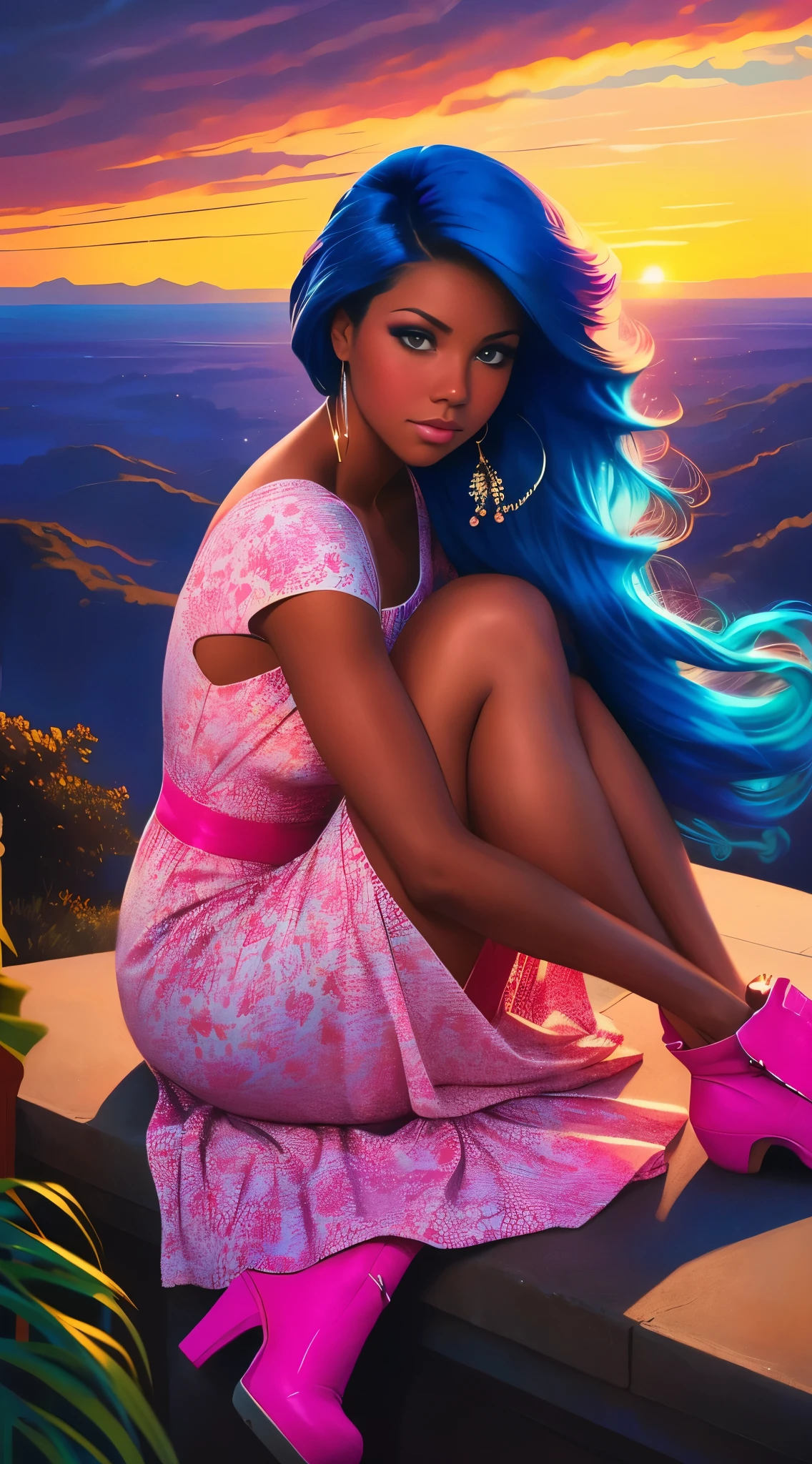 (best quality:1.1),original,1girl,chic,trendy,afro,dark skin,makeup,1970's, blue hair, brown eyes An illustration of african american woman with natural hair, in the style of ross tran, a pink dress with a cute cloud print and cute pink boots, a gorgeous woman with extremely long hair in a ponytail with bangs, sitting on a soft pink cloud looking at a distant magical city far beneath her, at sunset --ar 2:3 --v 6.0 pink and orange, jessica drossin, bold block prints, michael malm, bold yet graceful, bold traditional