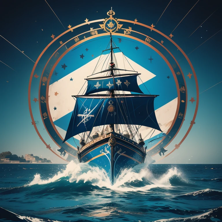bandeira  estilo pirata no mastro, fundo da bandeira azul marinho, baioneta no centro da bandeira, um circulo ao redor da baioneta, 3 cannonballs around the circle, cores bancas , logo marca