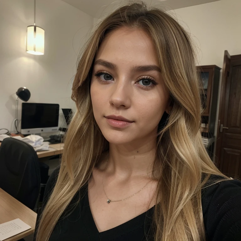 A 23-year-old blonde woman, ((pechos grandes)), ((hiperrealismo)) ,. blonde hair with light brown roots. cabello rubio, Hair with brown roots, cabello extra largo, cabello muy largo, Cabello muy largo, hermoso, vista frontal, autofoto, selfie tomado con iPhone, elegante camisa negra con escote, escotada, autofoto shop, alta calidad, autofoto iPhone, escote, ojos verdes, labios carnosos