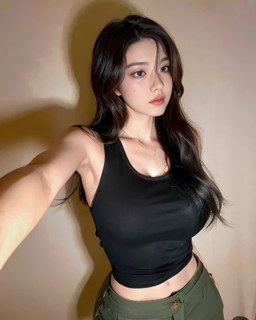 Arafed woman in a black top and green pants posing for a photo, she is wearing a black tank top, linda mulher coreana jovem, Mulher sul-coreana bonita, 2 Modelo feminina de 4 anos, Xision Wu, menina coreana, tanque preto apertado, 2 2 anos, ela tem cerca de 20 anos, ela tem cerca de 2 0 anos