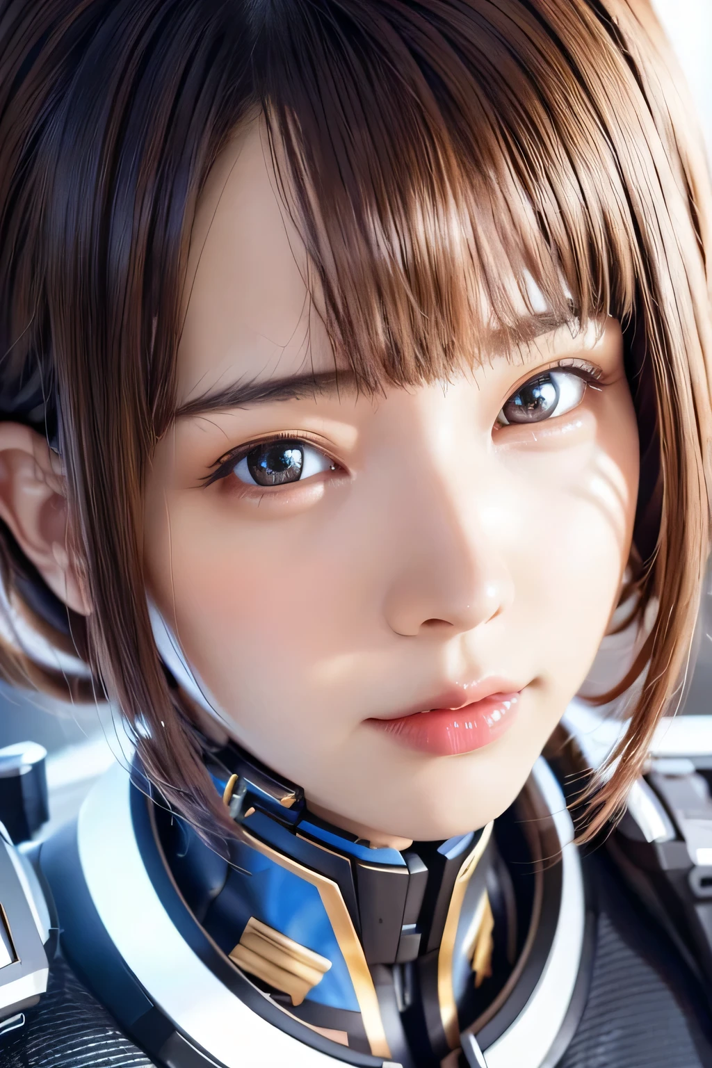 1 Mecha Girl,Ultra realistic details, portrait, global illumination, Shadow, octane rendering, 8K, super sharp,Complex, Decorative details, cool colors, Metal, egypt details, highly Complex details, realistic light, trending on cgsociety, shining eyes, Face-to-face camera, neon details, mechanical limbs,blood vessels connected to tubes,mechanical vertebrae attached to the back,Mechanical cervical vertebrae attached to the neck,sitting,Wires and cables connecting to the head、((Close-up of a headshot:1.5))、Because I&#39;m slender、flat body、cute、change、