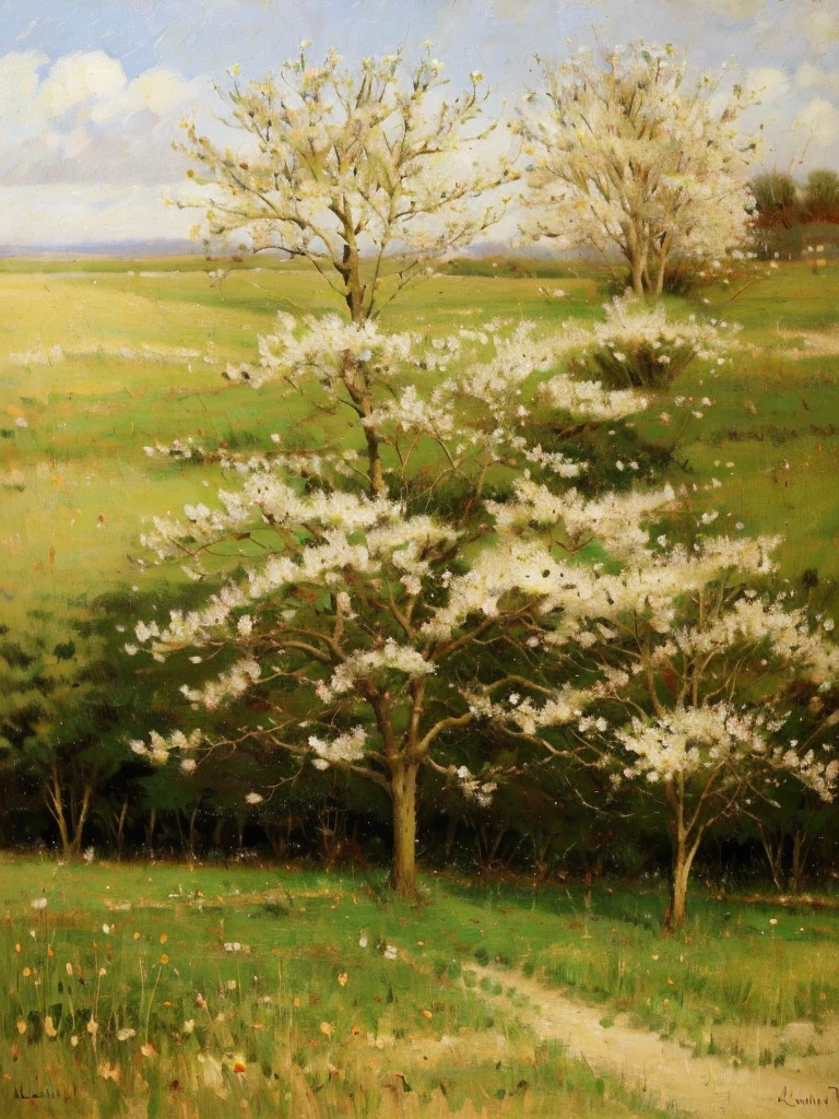 
Spring landscape, an apple tree in the distance. The light is warm and soft