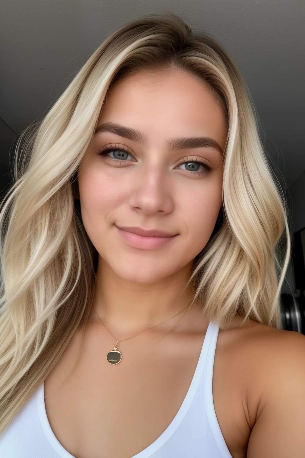 Foto RAW em sequencia, uma foto de uma jovem branca com pouca tan, idade 21 anos, cabelo loiro, vestimenta esportiva branca, fone de ouvido sem fio, sorrindo, in the gym, foto de perfil fechado, normal size big tits, very few facial pores, nothing worn around the neck, foto lateral

This sequence of RAW photos captures an image of a 21-year-old very little tan white girl. Her hair color is blonde, and she is dressed in white sports wear