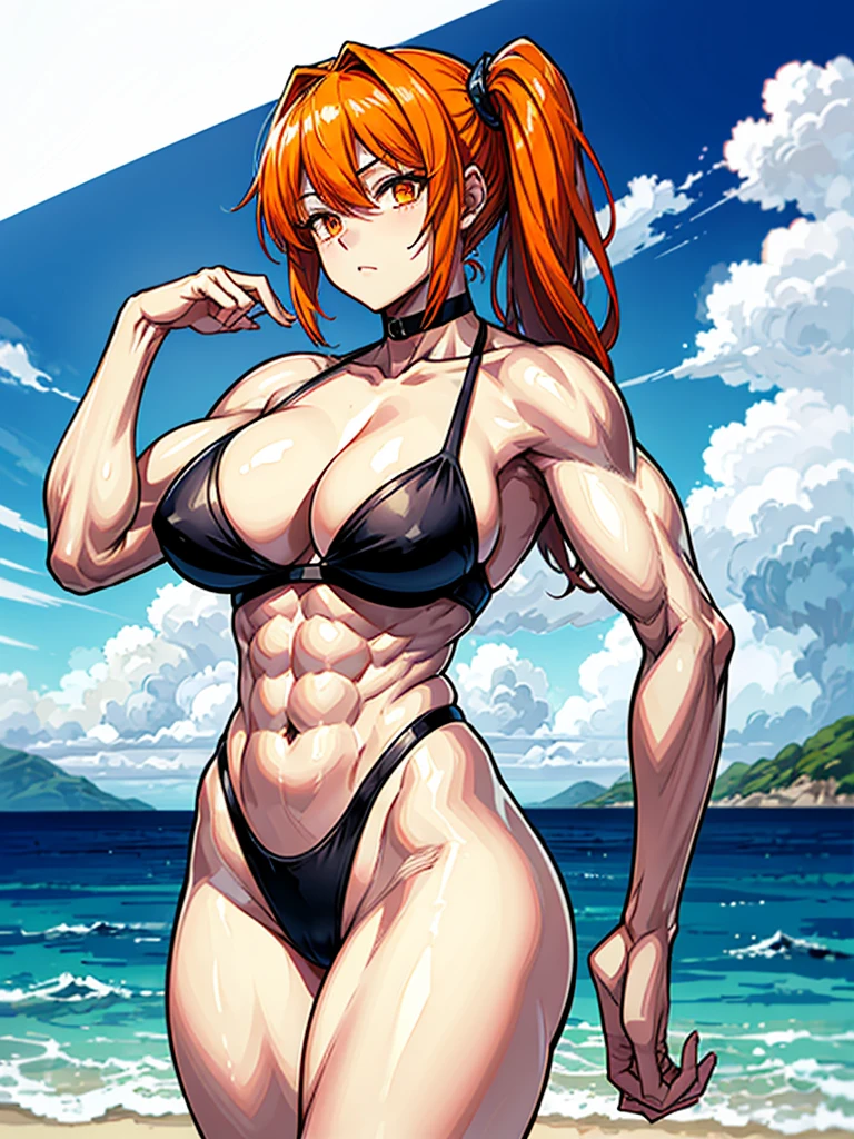 （（（masterpiece、Highest image quality、highest quality、highly detailed unity 8ｋwallpaper）））、（（Illustration of one girl））、（（（beautiful girl）））、（（orange hair、side ponytail、sidelocks：1.3、orange eyes））、（（（stocky build：1.2, thickset physique：1.3, muscular legs, broad shoulders：1.3, solid chest：1.2）））、swimsuit、sandy beach