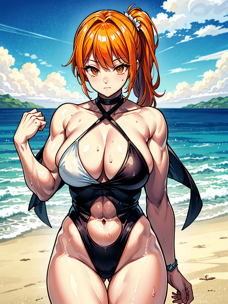 (((masterpiece、Highest image quality、highest quality、highly detailed unity 8kwallpaper)))、((Illustration of one girl))、(((beautiful girl)))、((orange hair、side ponytail、sidelocks:1.3、orange eyes))、(((stocky build:1.2, thickset physique:1.3, muscular legs, broad shoulders:1.3, solid chest:1.2)))、swimsuit、sandy beach