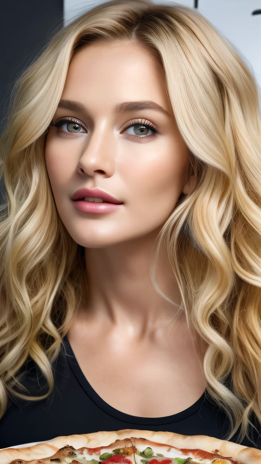 Ultra-realistic Movie Master Pie with ultra-detailed primetime portraits, 最high quality, 8K, table top, Ultra HD), 1 female 38 years old、fashion supermodel, blonde curly hair、masterpiece, 最high quality, high quality, High resolution、Don'don't put things on the table、I Don'no pizza needed、(close up of face)、