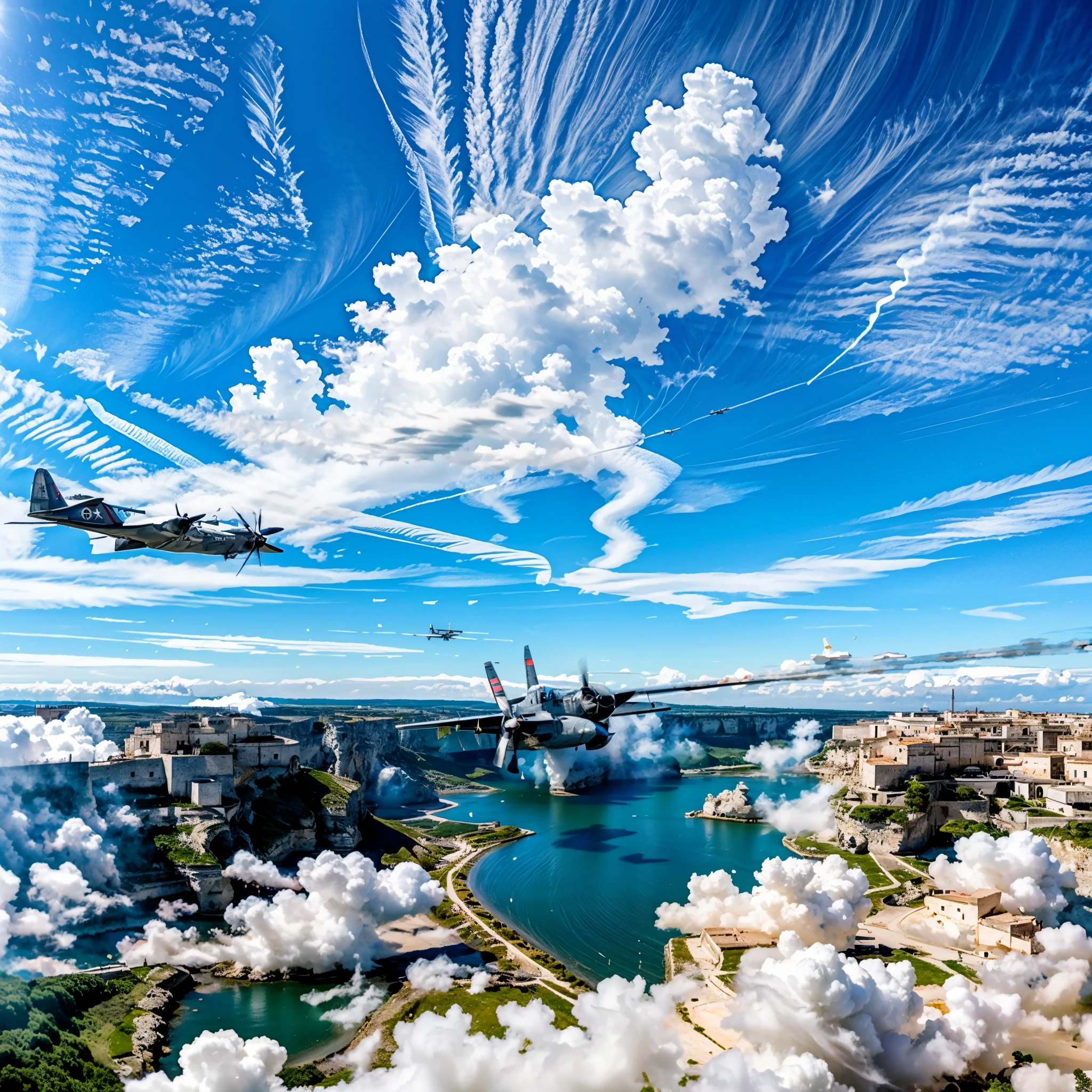 military planes flight over the town of Matera, chemtrails in the sky cover flying planes from view. Wide angle view. Photorealistic image.
