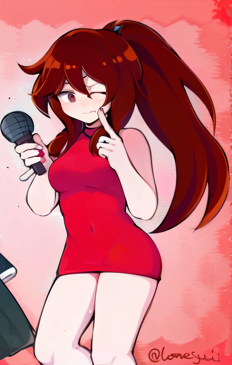 21 years old, red hair girl, long armpit hair,(((pink background))),bend over,{Loving eyes},American cartoon style,sweat,(blush),((Awkward,shy,s face)),,rabies,