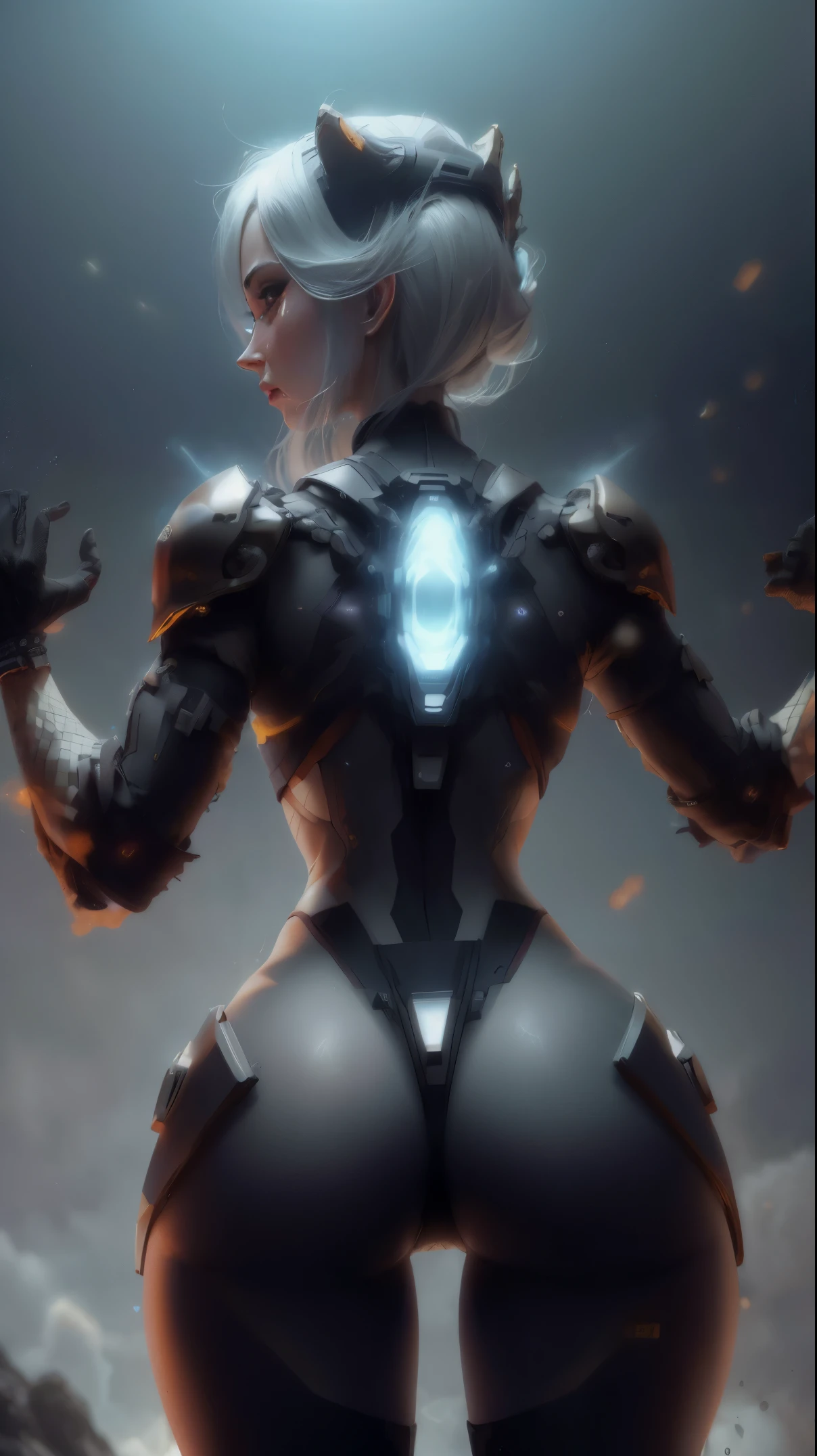 ((melhor qualidade)), ((obra de arte)), (detalhado:1.4), 3D, uma bela figura feminina cyberpunk com cabelos grossos, light particles, energia pura caos anti-tecnologia, HDR (High-range dynamics), rastreamento de raio, NVIDIA RTX, Super-resolution, Irreal 5, underground dispersal, PBR TexturingPost-processing, Anisotropic filtering, Profundidade de campo, Maximum clarity and sharpness, Texturas multicamadas, Albedo e mapas especulares, Surface shading, Accurate simulation of light-material interactions, perfect proportions, Octane rendering, Duotone Lighting, Grande abertura, ISO baixo, White balance, Rule of Thirds, 8K CRU, from behind