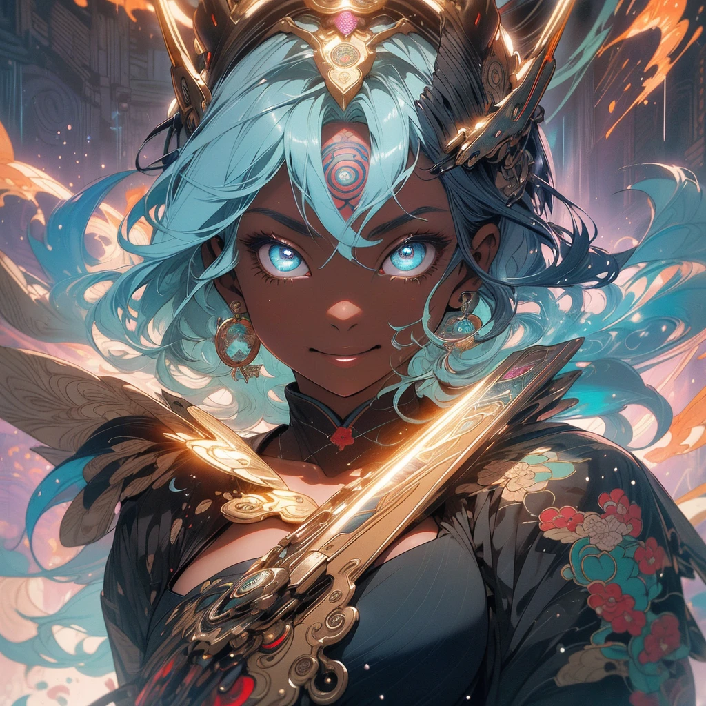 (((highest quality))),(((fine eyes))),(((32K))),(1 dark skinned girl),Fancy blonde,(tattoo),cyber punk,kimono,((luxurious and gorgeous)),shiny skin,earrings,Stylish costumes,((Super beautiful)),(perfect face),Japanese sword,ultimate texture,official art,Ukiyo-e,((stylish)),photograph,perfect body,smile,Bewitching,best image quality,super clear,genuine,fantasy,(Near the future),ninja,((perfect eyes)),big breasts,((Perfect cleavage)),highlight,挑発的なsmile,stick out tongue,Mechanical,mandala,Pouring rain,majestic,apotheosis,fractal art:(1.3),perfect lighting,colorful,