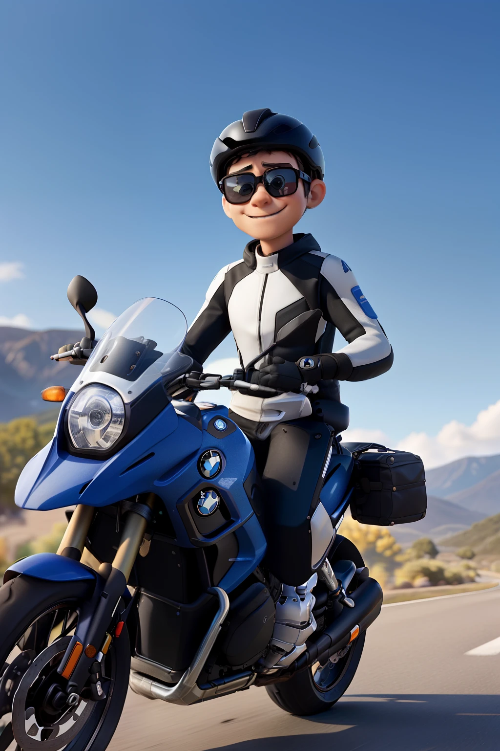Criar a imagem de um homem alto, cabelo curto preto, nariz grande, dark glasses and no helmet riding a motorcycle (BMW Motorrad R 1250 GS 2024 Premium Trophy Gravity Blue) e na garupa uma mulher baixa, loira, sorrindo e sem capacete
