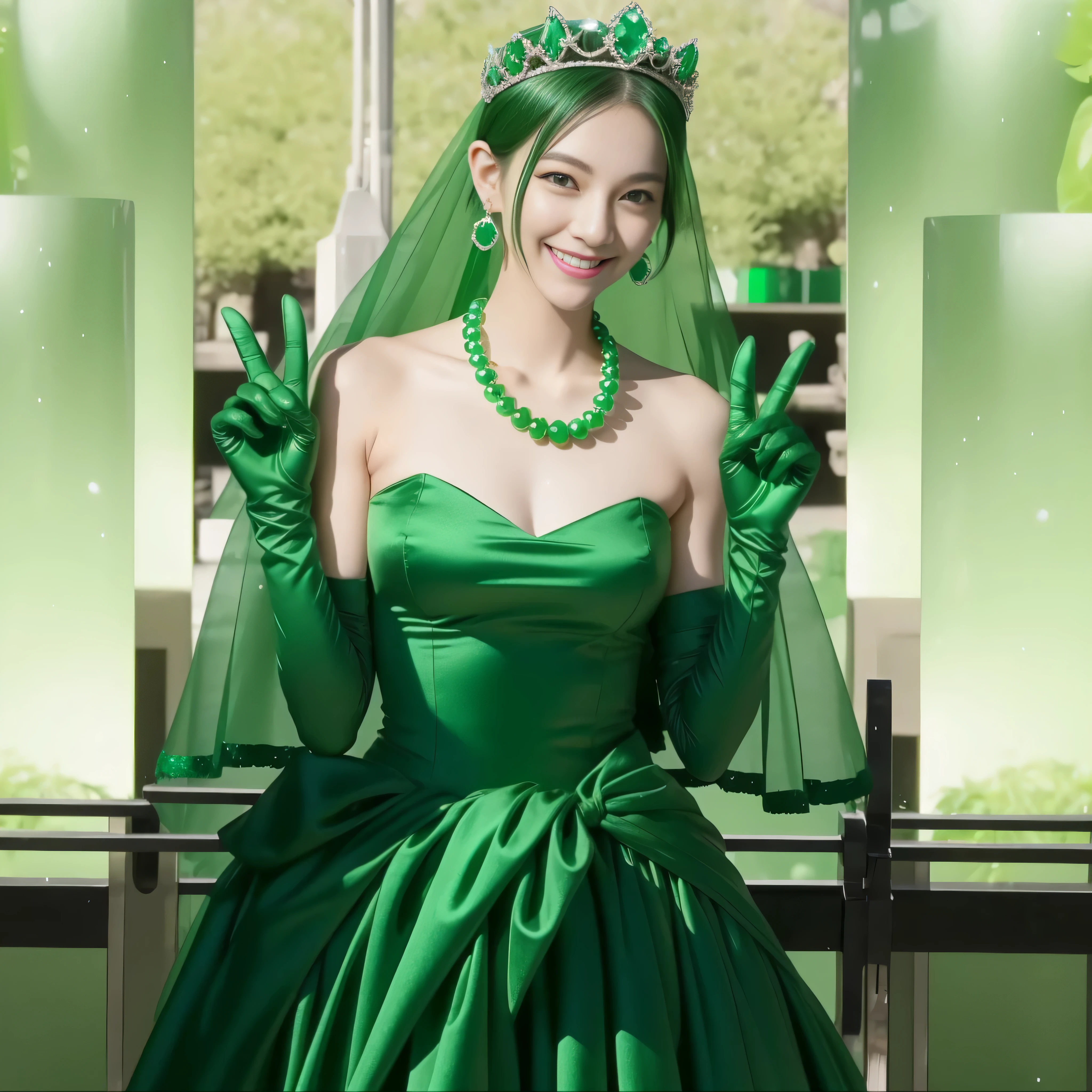emerald tiara, green pearl necklace, boyish very short green hair, lipstick, smiling Japanese woman, very short hair, Big beautiful, green eyes, Long Green Satin Gloves, green eyes, V sign, emerald earrings, green veil, 両手でV sign, five fingers