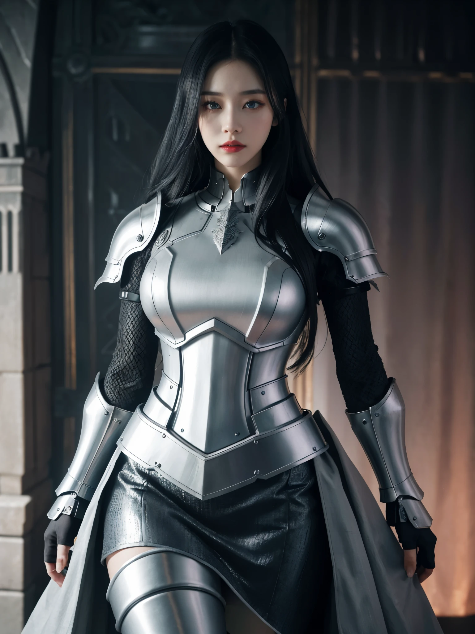 masterpiece, best quality, high resolution, 8k, portrait, Realistic photos,（ Combining clothing with Korean fashion design），digital photography, Full body female love, 1 , (cyborg), Beautiful blue-gray gradient long hair, blue eyes, complex, elegant, Very detailed, crown, black skirt, ,Silver metal exoskeleton armor, complex knightly hollow armor,power armour, Openwork design, mechanical structure, photo poses, solemn,, red lips, from《Final Fantasy 15》.metallic feel, oc rendering，Reflective textures, ((Clothing cutting)), ((Set against the backdrop of the castle and the huge Moster))