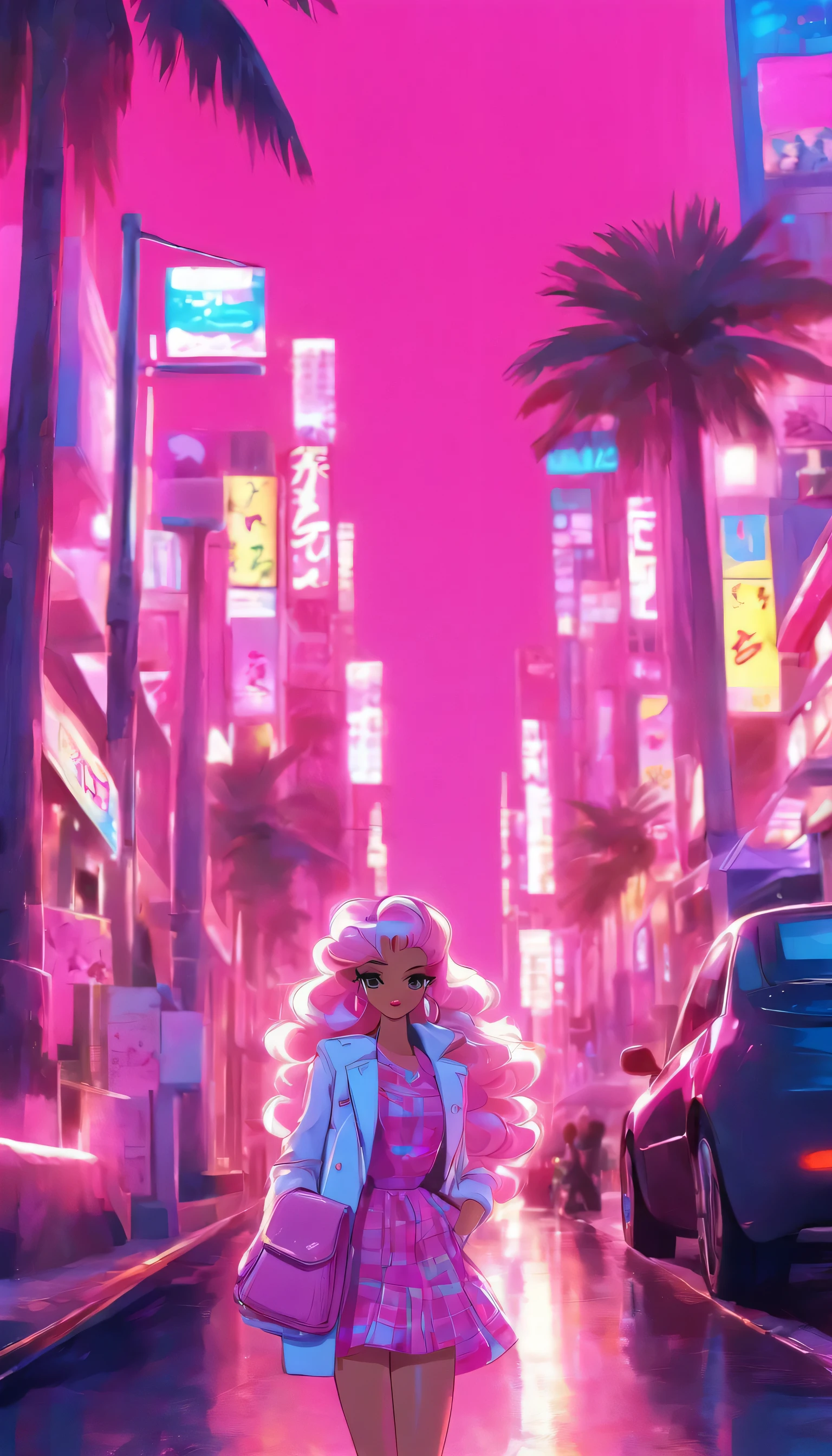 Make another scene with the same style, Barbie is now outside the perfume shop, Now she's holding a perfume shop bag, She was about to get in the car, Her car is a C1 Corvette, Pink and white, C1 Corvette, She wears a pink and white plaid dress，The background shows an 80-state city, There are palm trees and a lot of pink flowers.