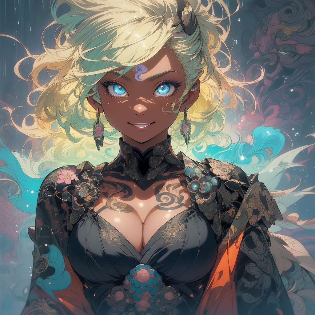 (((highest quality))),(((fine eyes))),(((32K))),(1 dark skinned girl),Fancy blonde,(tattoo),cyber punk,kimono,((luxurious and gorgeous)),shiny skin,earrings,Stylish costumes,((Super beautiful)),(perfect face),Japanese sword,ultimate texture,official art,Ukiyo-e,((stylish)),photograph,perfect body,smile,Bewitching,best image quality,super clear,genuine,fantasy,(Near the future),ninja,((perfect eyes)),big breasts,((Perfect cleavage)),highlight,挑発的なsmile,stick out tongue,Mechanical,mandala,Pouring rain,majestic,apotheosis,fractal art:(1.3),perfect lighting,colorful,