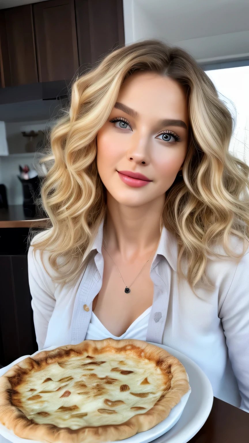 Ultra-realistic Movie Master Pie with ultra-detailed primetime portraits, highest quality, 8K, table top, Ultra HD), 1 female 38 years old、fashion supermodel, blonde curly hair、