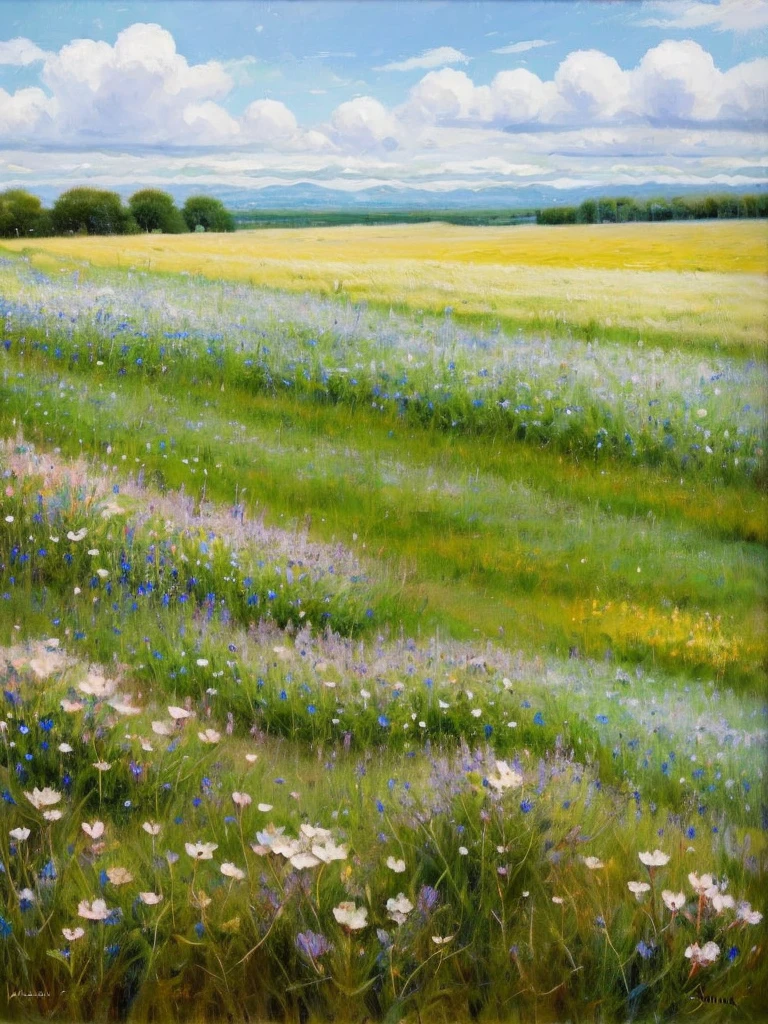 A landscape showing a flowery meadow and a blue sky with single white clouds. The light is not warm