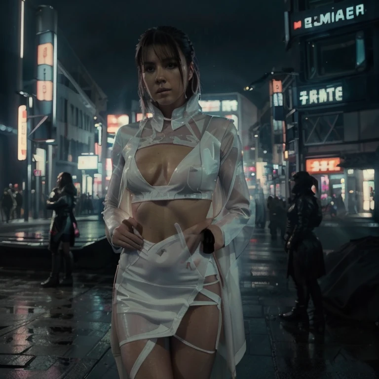 8k photography, hiperrealismo, Ciudad futurista, Apocalyptic, noche, luces brillantes, coches voladores, coches volando, rascacielos, fondo borroso, niebla, ambiente Blade runner, mujer joven, pelo blanco y corto, pelo platino, vestida como el quinto elemento, gargantilla blanca, una cinta fina blanca le tapa el pecho, white tape covers the intimate area, camaltoe, very athletic, voluptuosa, enfadada, atacando, lluvia, lloviendo mucho, tormenta, abdomen visible, poca ropa, muy atractiva