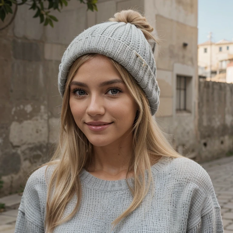 A 23-year-old blonde woman, ((pechos grandes)), ((hiperrealismo)) ,. blonde hair with light brown roots. cabello rubio, Hair with brown roots, cabello extra largo, cabello muy largo, Cabello muy largo, hermoso, perfil, Foto tomada de perfil con iPhone 15 pro, con fondo invernal, alta calidad, ojos verdes, labios carnosos, profundidad de campo, sonriendo, dientes blancos i perfectos, gorro de lana color blanco, grey sweater, vaqueros azules