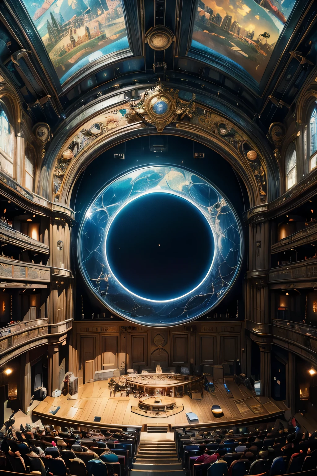 4k、Near the future、real、concert hall、Many people、back view、Hologram Art、very detailed、wide angle lens、damp medieval town、movie theatre、3D hologram、projector、film、geometric、Vibrant and fantastic plants、big house、anime background、concept art、(Characters do not appear)、realな照明、grand composition、diffusion、(masterpiece、highest quality)、Super HD、32k - V 6、digital art、attention