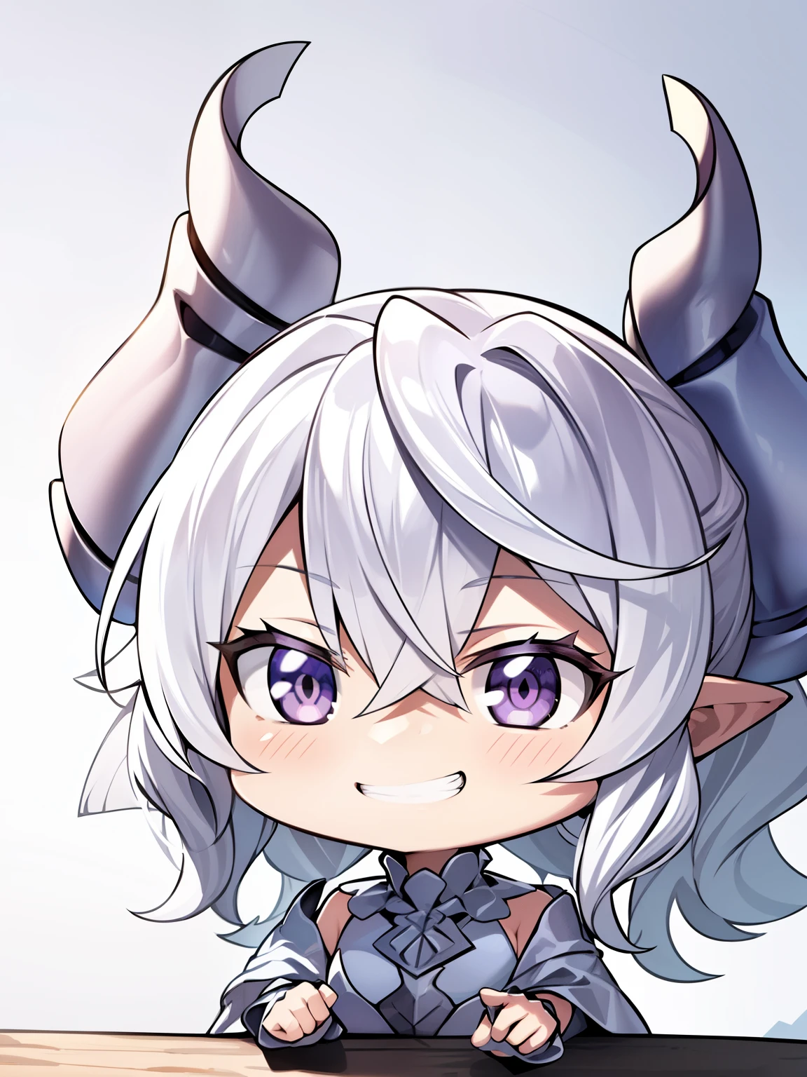 (muste piece, best quality, High resolution, ticker, perfect pixel, Depth of bounds written, In 4K), 
beautiful anime girl, 
Looking at Viewer, 
perfect body,  

white hair, Silver Devil's Horn, 
white dress, 
grin, 

(1chibi:1.3), 