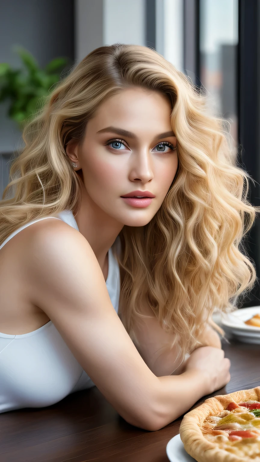 Ultra-realistic movie master pie with ultra-detailed primetime portraits, highest quality, 8K, table top, Ultra HD), 1 girl 3、fashion supermodel, blonde curly hair、With tap and daman on the island