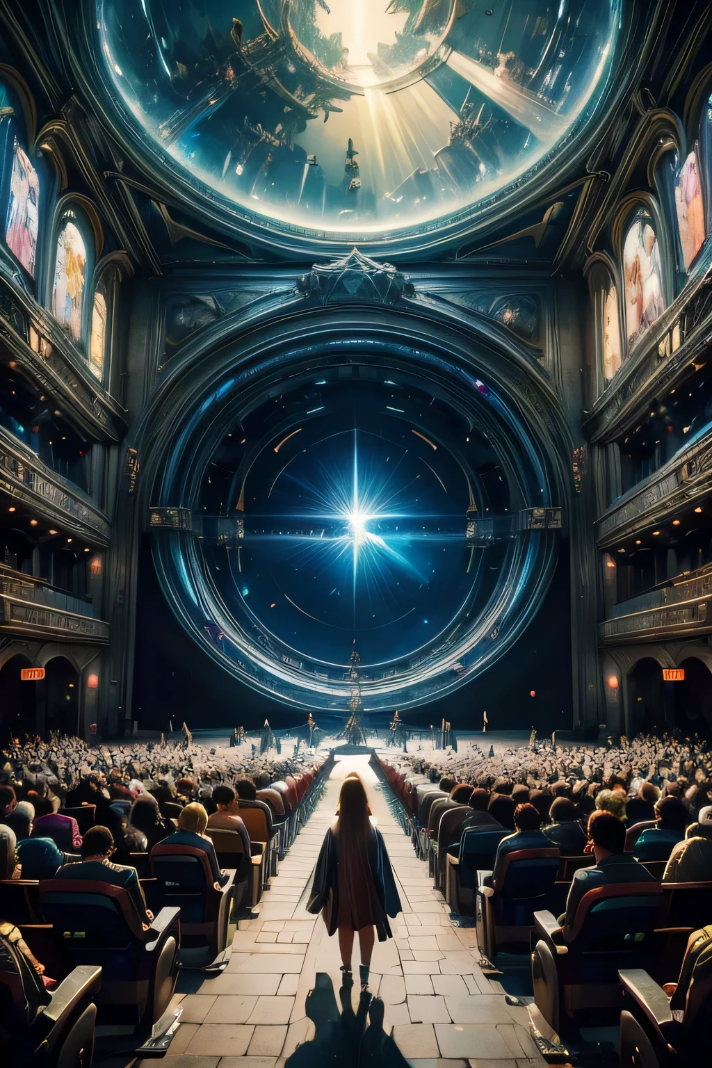 4k、Near the future、real、concert hall、Many people、back view、Hologram Art、very detailed、wide angle lens、damp medieval town、movie theatre、3D hologram、projector、film、geometric、Vibrant and fantastic plants、big house、anime background、concept art、(Characters do not appear)、realな照明、grand composition、diffusion、(masterpiece、highest quality)、Super HD、32k - V 6、digital art、attention
