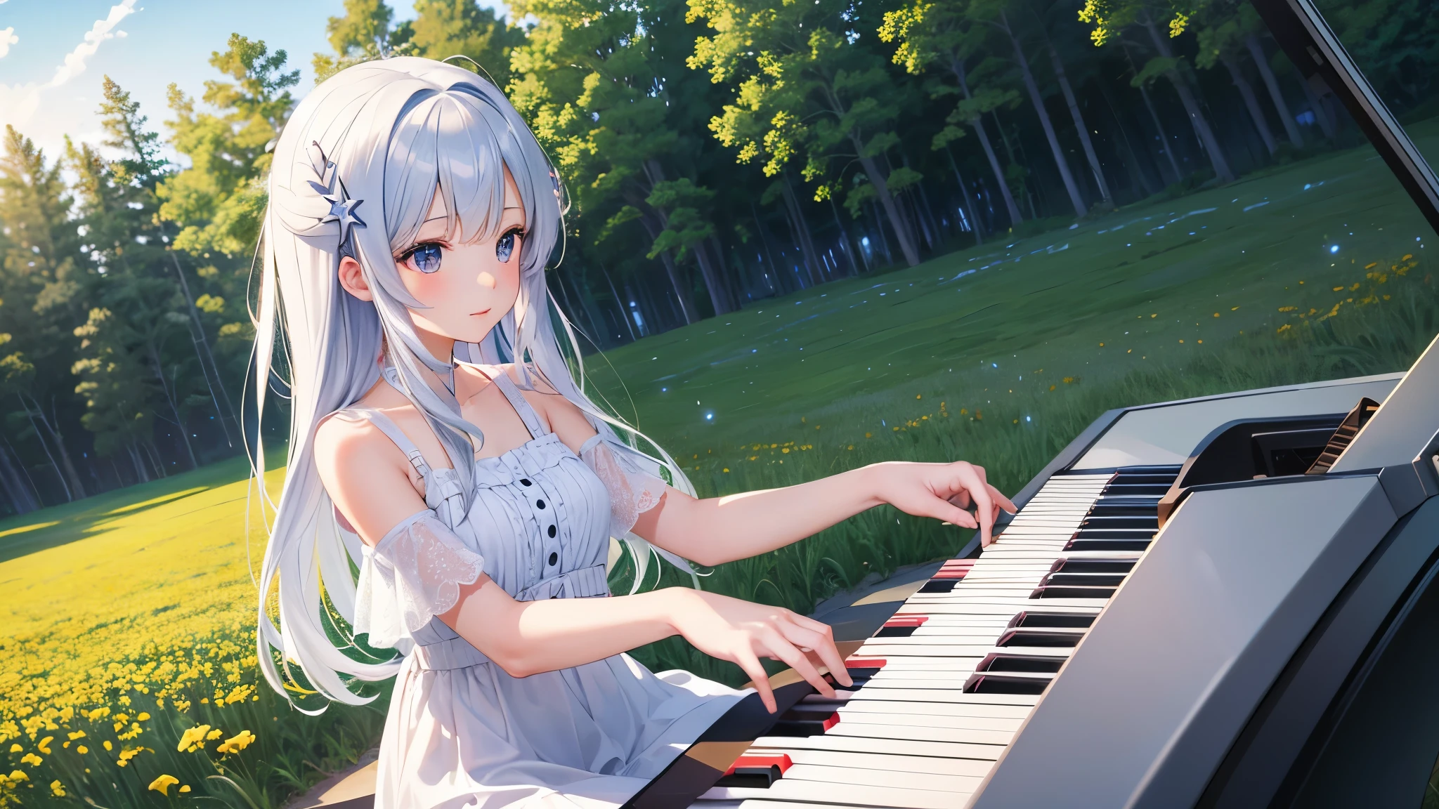 cute anime girl playing the piano, meadow, universe, galaxy, light particles, white dress, masterpiece —ar 16:9 —s 500