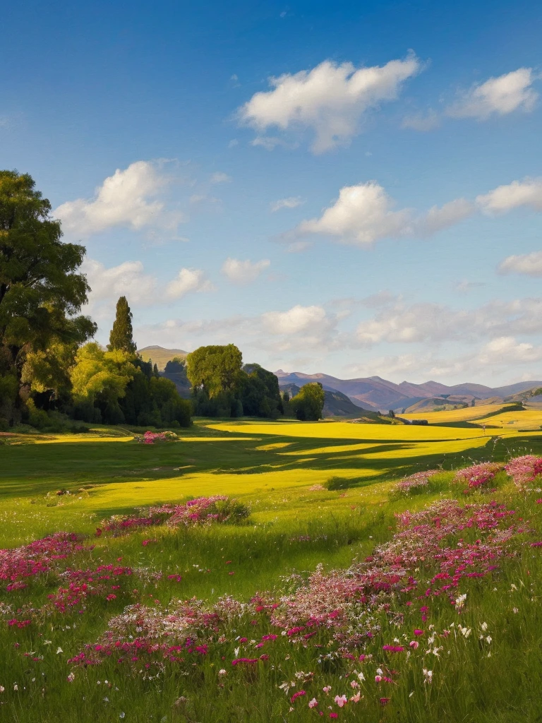 
A landscape showing a flowery meadow and a blue sky with single white clouds. The light is not warm