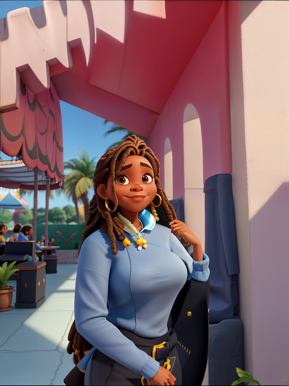 uma mulher negra estilo disney pixar, alta quakidade, melhor qualidade, roupa de cozinheira preta, ao fundo um restaurante, cabelo liso, Don't wear dreadlocks in your hair, tiara amarela no cabelo