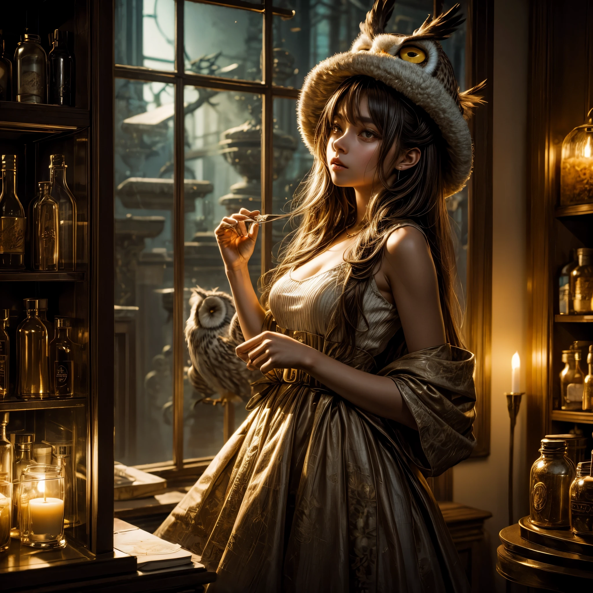 aint a poetic scene where a girl, her head ((adorned with an owl'sHat)), discovers the magic within a Pharmacie. Jars of secrets surround her, and the evening light, filtered through tinted glass, gently kisses the surroundings. Craft an ((emotional)) and evocative artwork that speaks to the(( mysteries of the night)).