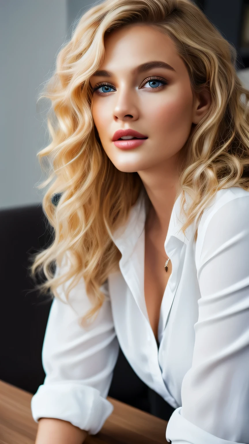 Ultra-realistic Movie Master Pie with ultra-detailed primetime portraits, highest quality, 8K, table top, Ultra HD), 1 female 38 years old、fashion supermodel, blonde curly hair、