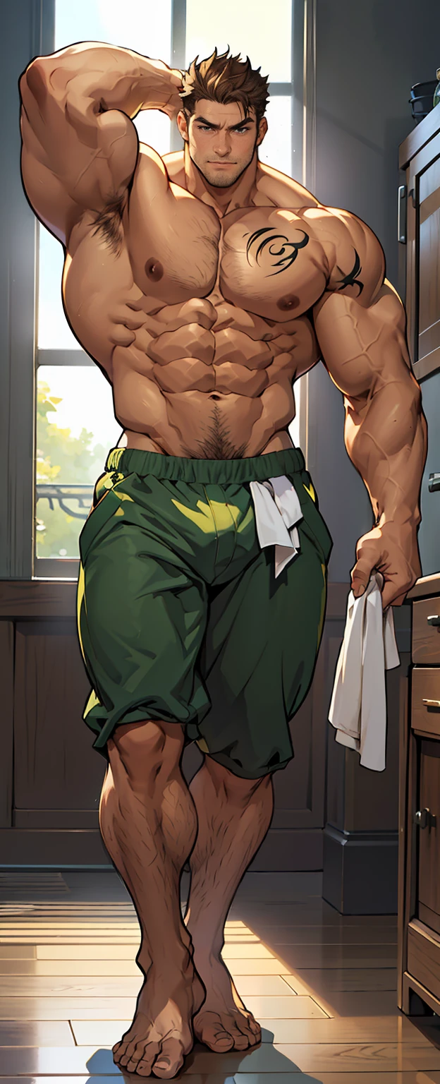 (shoeless),(shoeless),(Legs covered with long, thick leg hair),(Keep his eyes open),Super big feet,(Whole body),(Long leg hair),( With a green tattoo on his shoulder),(body hair thick),(Super big feet),show off thick arms to the audience,(He was wearing shorts which showed his long, muscular, hairy legs),(The genital organs are extremely prominent),(Very large genitalia),(shorts),(Giant arm),The background in an interior with vintage furniture and vintage wooden floor surroundinacropodia),(Long legottom-up view),(Side to audience) ,(Put his hands at his waist), (eyes looking at audience) ,(There a huge protuberance across the part),Side Body,Sense of evil,Sharp eyes,(Thick dark brown hair on crotch),closeup of arms,((The camera zooms in)),((The audience blocked by the protagonist in a corner and the perspective slightly lower.)),(Bottom-up view),(crotch),(Shoulders exposed),(Stout arms),Shoulders very broad,Muscles protrude a lot,Bulging crotch,(Long legs),Highest image quality,Anime ,anime wallpaper,Dilation of the pectoral muscles,Espalhe as pernas,sexy,(master part, best quality),((Exaggerated bulge of muscles)),The protagonist very tall and his head almost reaches the ceiling,Lush woods outside the window,musclebound and hulking, muscular characters, super buff and cool, tall and muscular, muscular!!, very buff, muscular attractive men, massive muscles, big muscle, Muscular men, anime handsome men, muscular!, gigachad muscles, muscular bodies, muscular character,