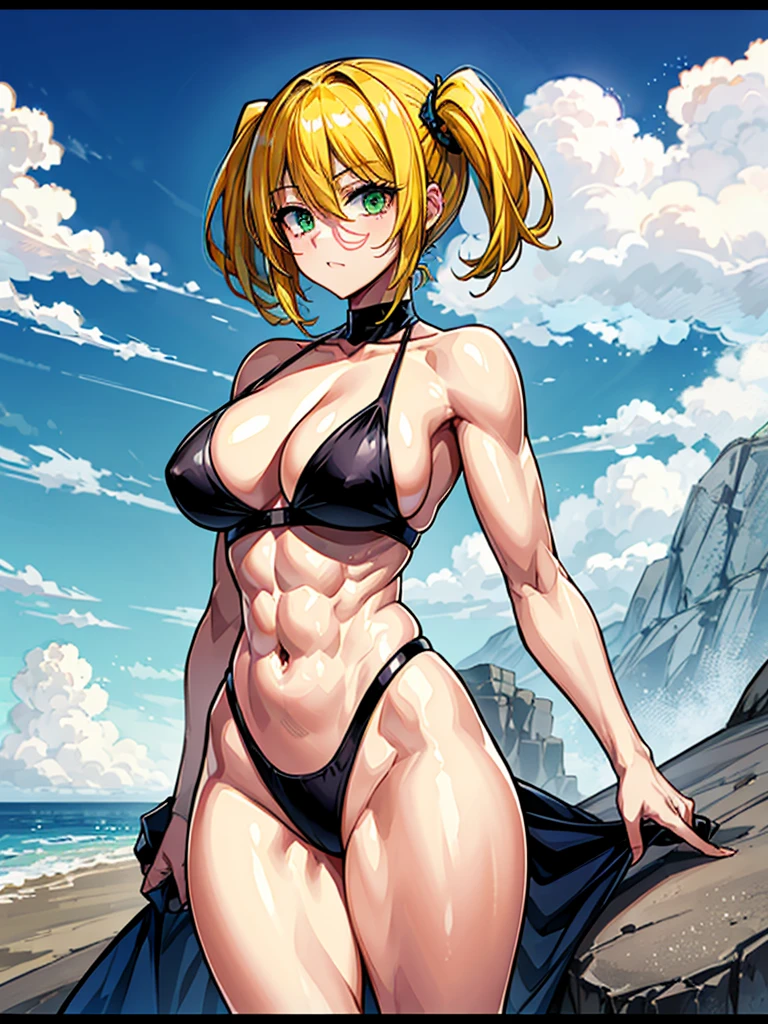 (((masterpiece、Highest image quality、highest quality、highly detailed unity 8kwallpaper)))、((Illustration of one girl))、(((beautiful girl、cool)))、((blonde、pixie cut:1.2、two side up、sidelocks、green eyes))、(((tall:1.3、stocky build, thickset physique:1.3, muscular legs, broad shoulders, solid chest)))、swimsuit、sandy beach