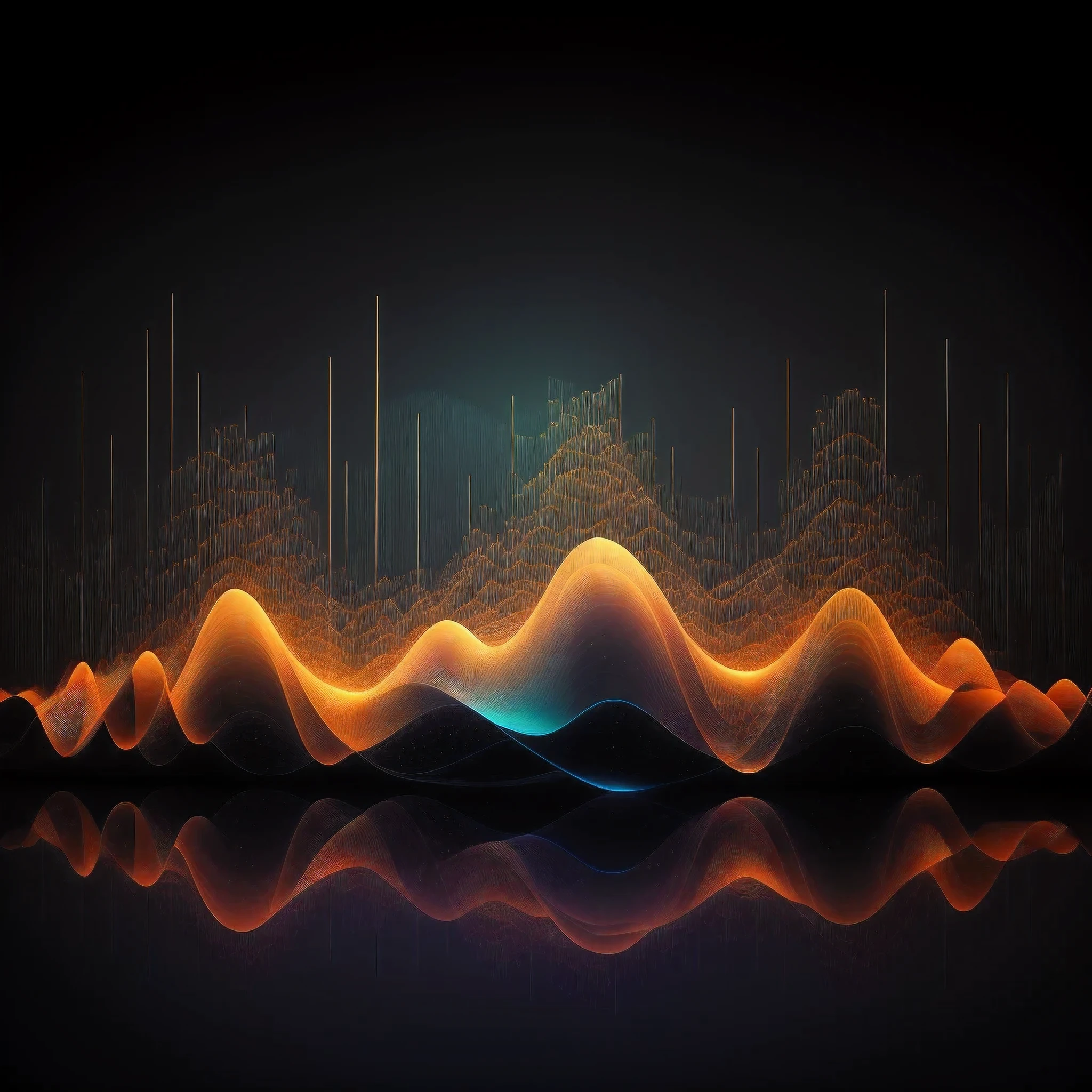 arafed image of a wave of sound waves with a city in the background, waves of lights, wave frequencies, sound waves, particle waves, abstract art representing data, sound wave, glowing lines, waves and particles, waveforms on top of square chart, color light waves, by Adam Marczyński, energy waves, by Jakob Gauermann