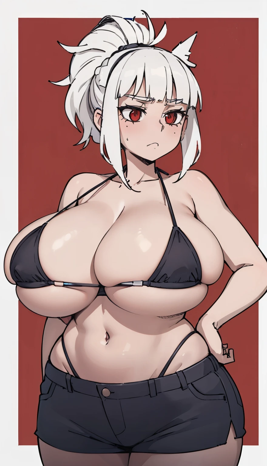 SFW, ((ponytail white hair)) (short pants, bikini top), (gigantic breasts, huge breasts, Big breast), firm breasts , tall girl, slim waist, curvy figure