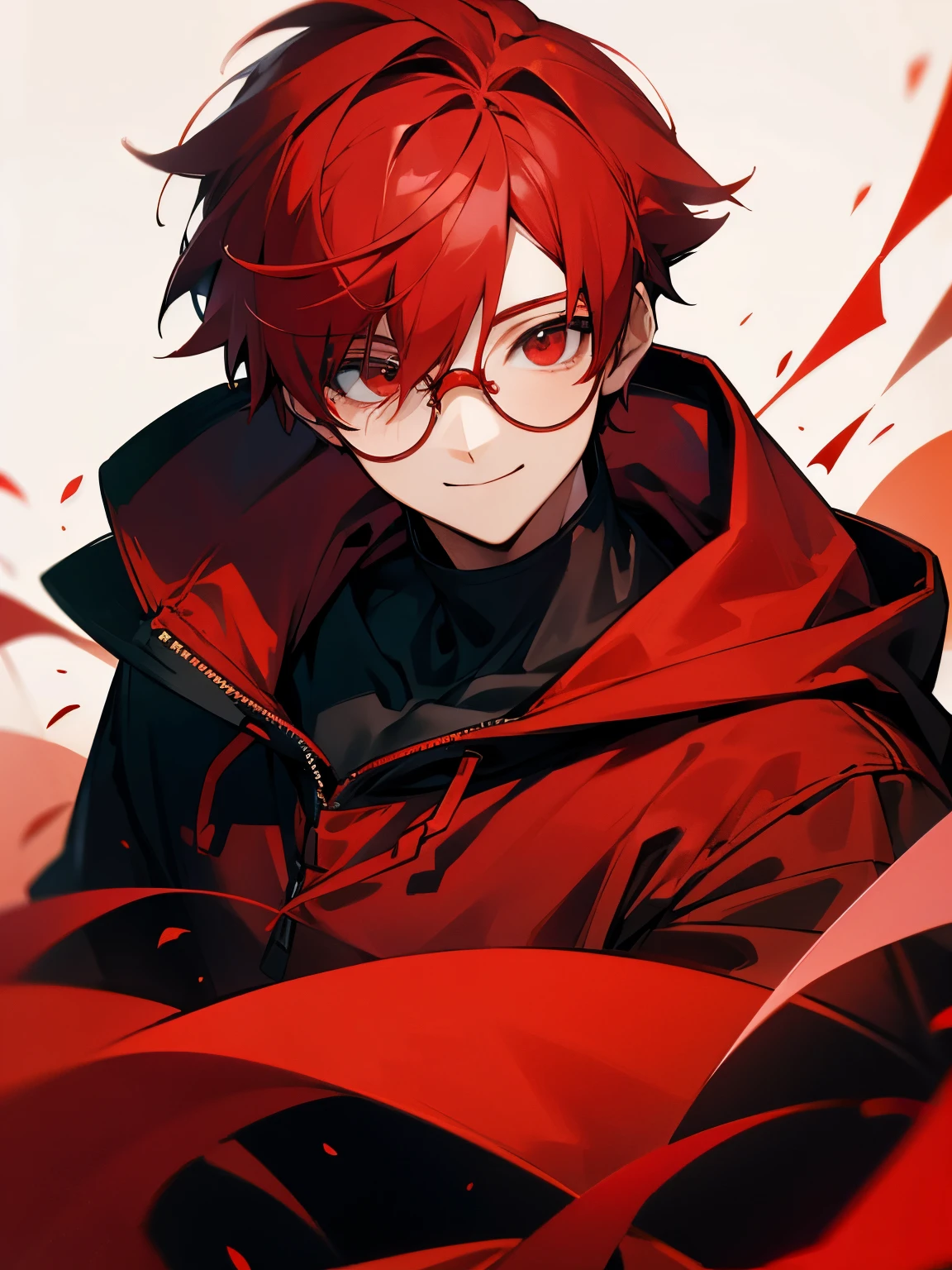 (stunning masterpiece:1.4), (top-tier quality:1.4), (unbelievably high-resolution:1.2), (1 handsome male), with vibrant red hair, freckles on his face, and captivating red and blacm multicolored eyes. He is dressed in a stylish red and black outfit:1.2), wear glasses, light brown skin