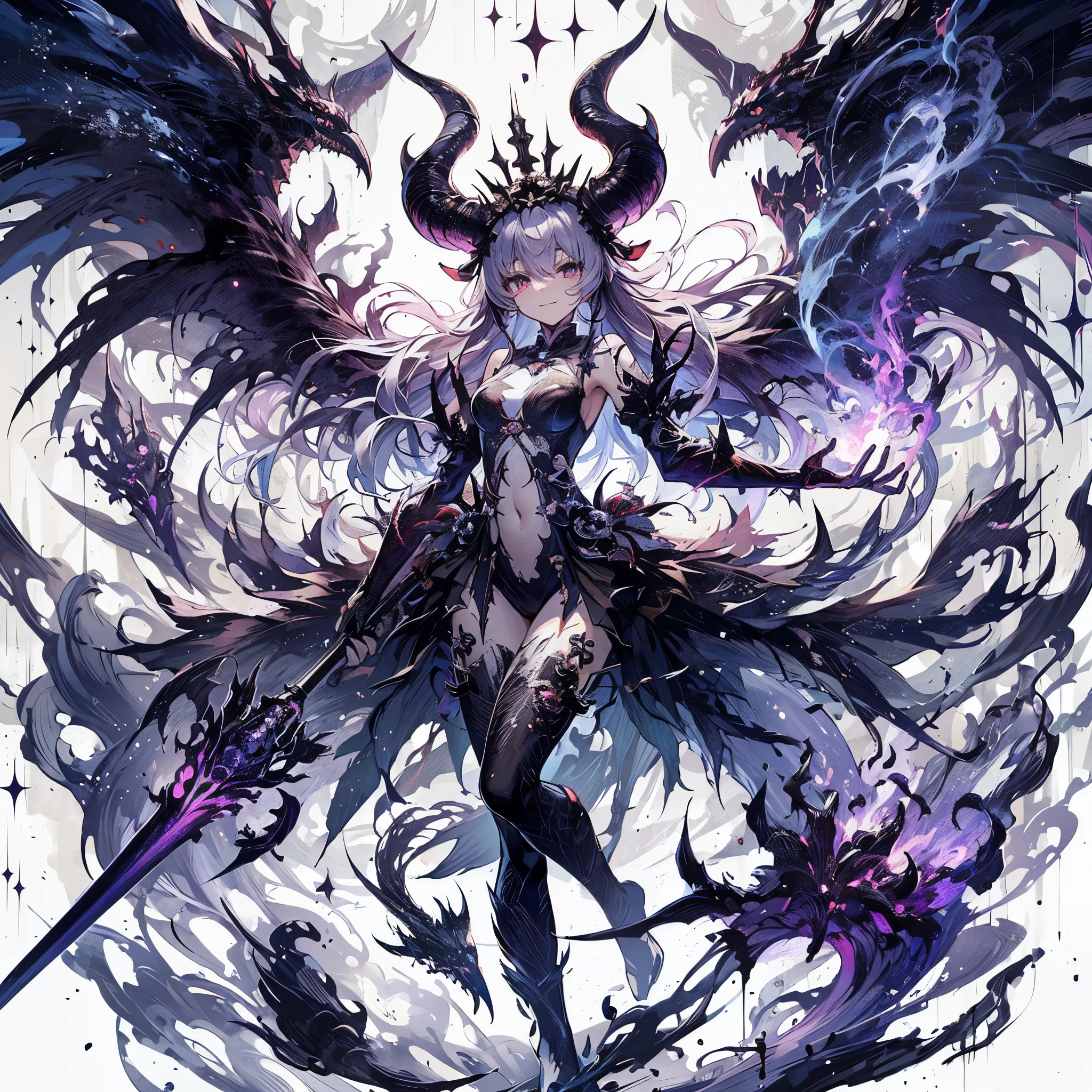 Masterpiece, best quality, ultra-detailed, anime style, full body of Chaos Demon girl, like smoke and shadow given form, giant horn and giant wing, shadow sword and shadow claw, supernatural Lightning and flame, ((Eight-pointed star symbol)), 8k high resolution, trending art station, white background, whole body, winning smile
