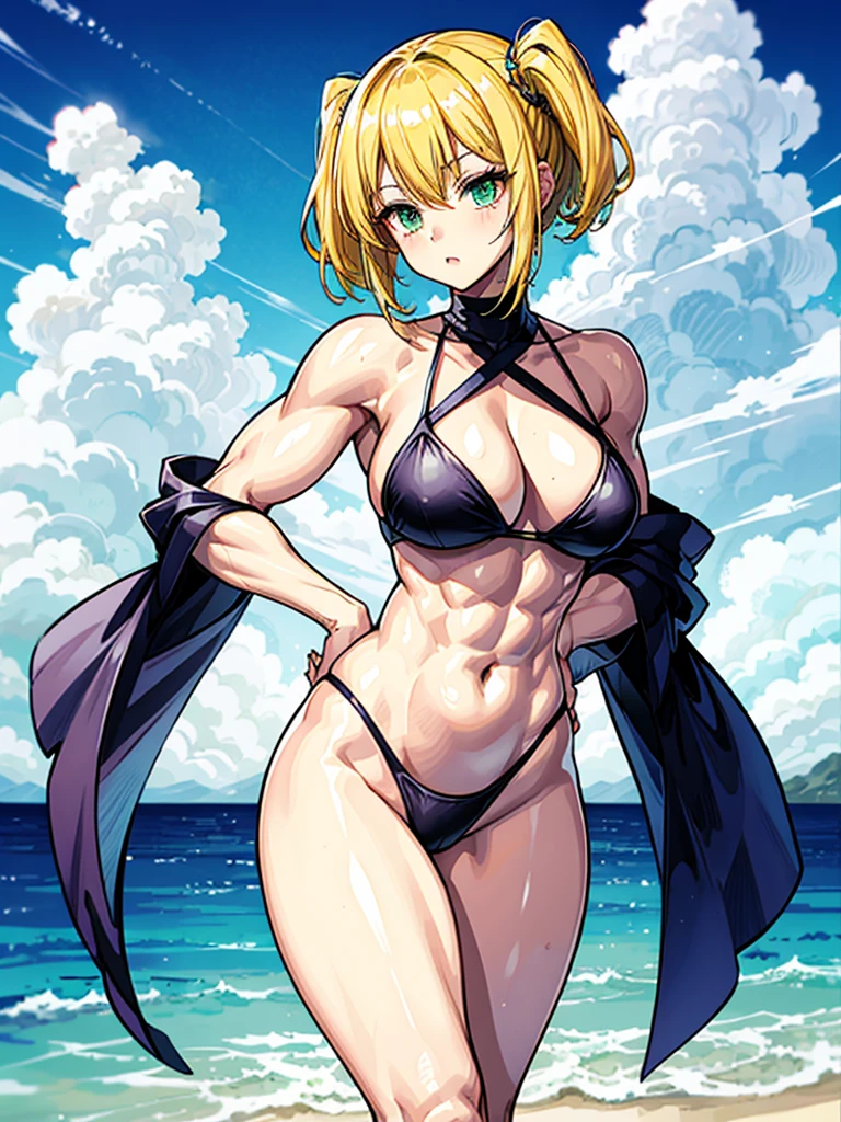 （（（masterpiece、Highest image quality、highest quality、highly detailed unity 8ｋwallpaper）））、（（Illustration of one girl））、（（（beautiful girl、cool）））、（（blonde、pixie cut：1.2、two side up、sidelocks、green eyes））、（（（tall：1.3、stocky build, thickset physique：1.3, muscular legs, broad shoulders, solid chest）））、swimsuit、sandy beach