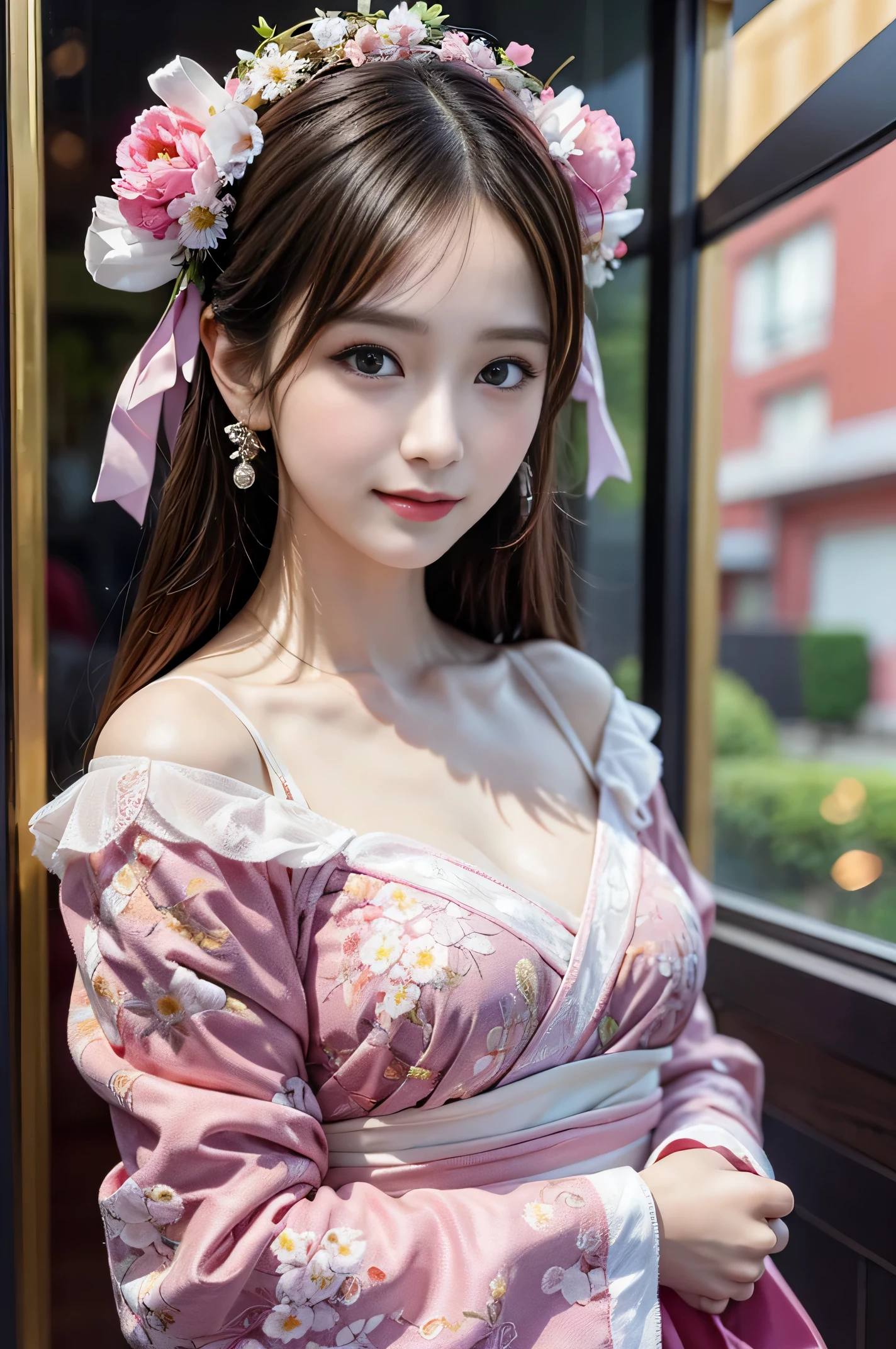 best quality, super detailed,ultra high resolution, 8k wallpaper, perfect composition, beautiful eyes, Natural lip color,dignified and,Smile、looking at camera、A 20-year-old girl、Leaning against the window,perfect face,Looks a lot like actor Yang Mi,Chinese classical temperament beauty,exquisite antique earrings,electronic breast,split,Wearing pink Hanfu,(Extremely delicate1.1), (perfect details: 1.1),masterpiece,Wear peach blossom jewelry,Fragrant shoulders,clavicle
