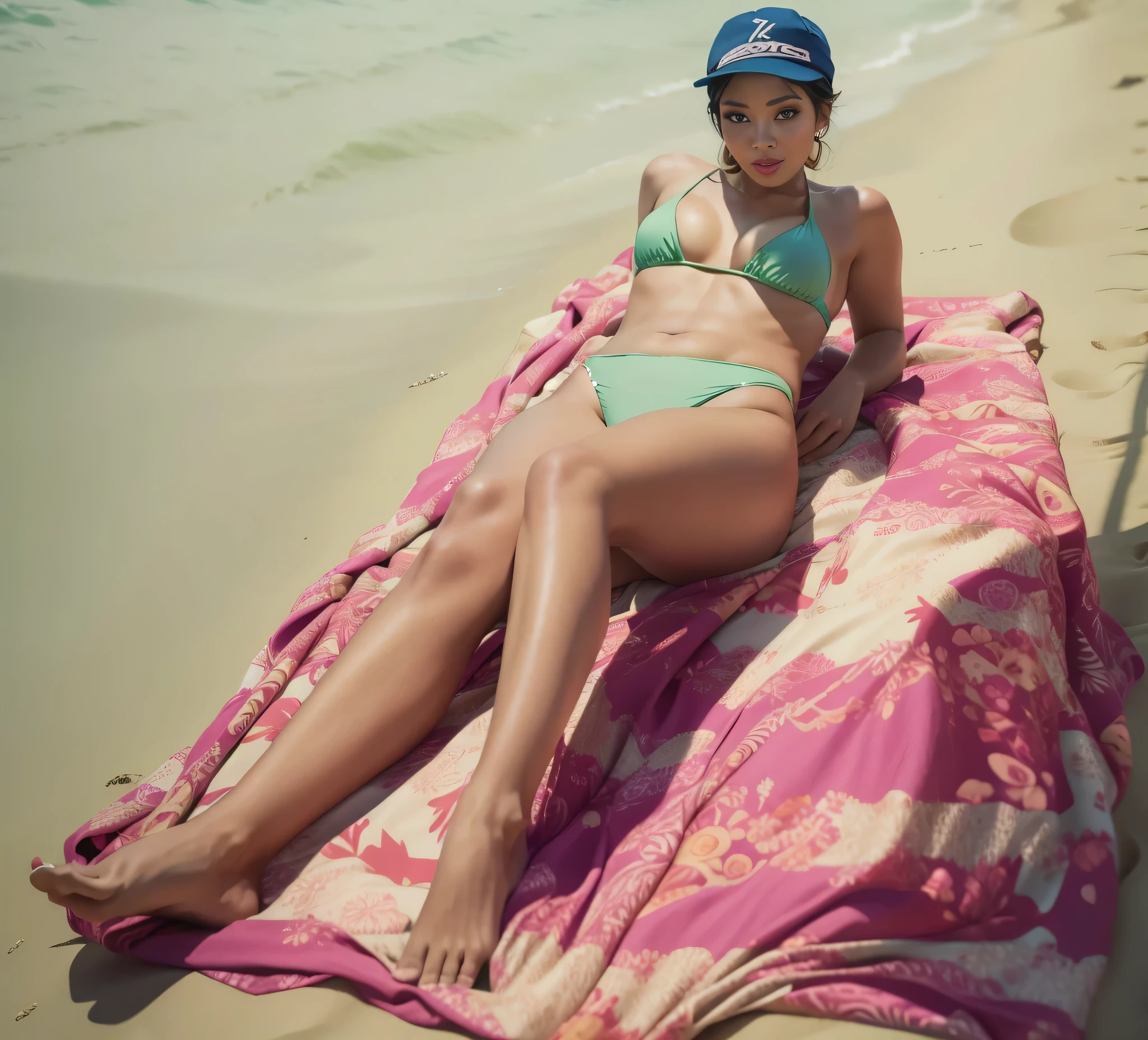 Linda mulher brasileira, wearing a greenish bikini, parte superior da cortina, wearing a blue cap, lying on a towel na praia, na praia, posing na praia, lying na praia, lying na areia, lying na praia, na areia, foto de praia , em uma praia, em uma praia ensolarada, relaxing na praia, she is looking at the camera, elegante e sedutor, Deusa brasileira, pose sensual, pose muito sedutora, olhando sedutoramente na frente, corpo perfeito fotorrealista, small solitary female goddess, cativante e sedutor. foto de corpo inteiro. Uma mulher com pele branca e cabelos escuros. Ela tem trinta anos. Seu vermelho, slightly plump lips are like a delicate flower, e ela grande, olhos encantadores parecem conter um mundo de maravilhas. Ela tem 30 anos. Ela tem 162 cm de altura e seu corpo pesa 56 kg. Your body exudes glamor and your face is the definition of beauty. pernas bem torneadas. Altamente realista, pele avermelhada, beautiful lips, sorriso, feeling of lightness and joy, hiperrealismo, pele muito elaborada, olhar direto, trabalho de arte, Foto de alta qualidade, high resolution, 8k. corpo perfeito fotorrealista