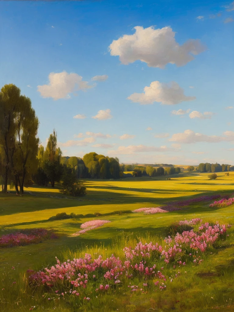 A landscape showing a flowery meadow and a blue sky with single white clouds. The light is not warm, oil painting
