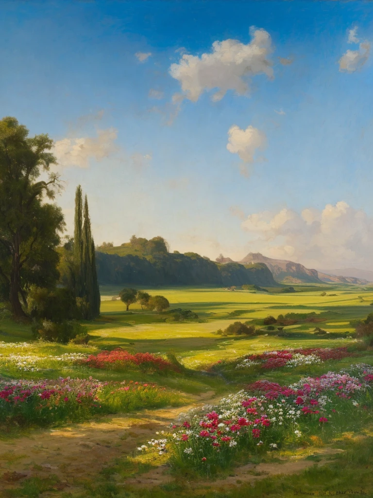 
A landscape showing a flowery meadow and a blue sky with single white clouds. The light is not warm, oil painting