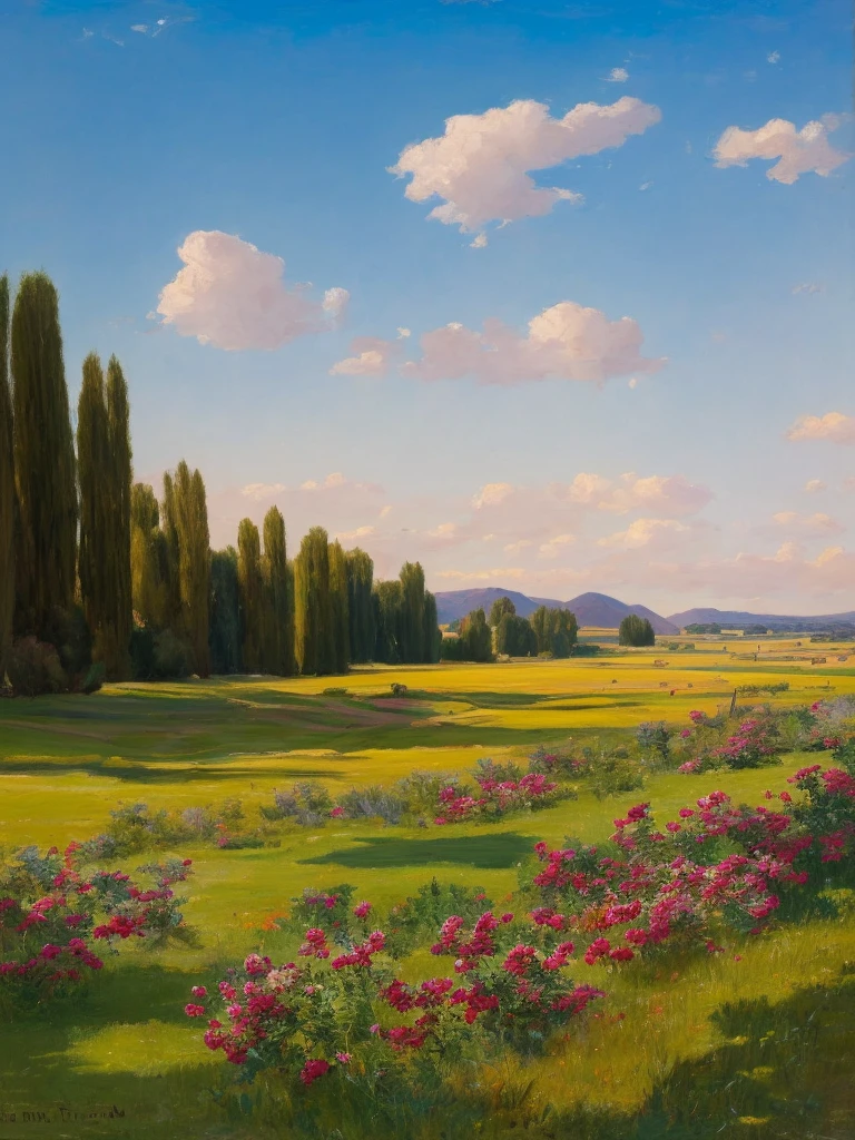 
A landscape showing a flowery meadow and a blue sky with single white clouds. The light is not warm, oil painting