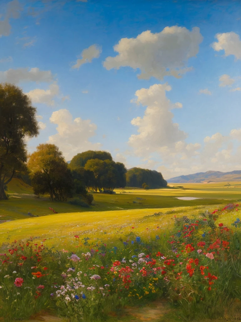 
A landscape showing a flowery meadow and a blue sky with single white clouds. The light is not warm, oil painting